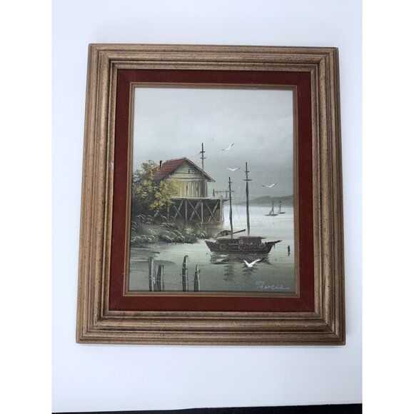 Vintage Foggy Moody Sailboat Seagulls Original Oil Painting Framed Signed